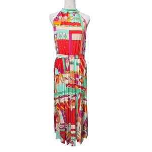 Retro‎ Geometric Floral Halter Flowy Maxi Dress Size 8 Multi Color Resort